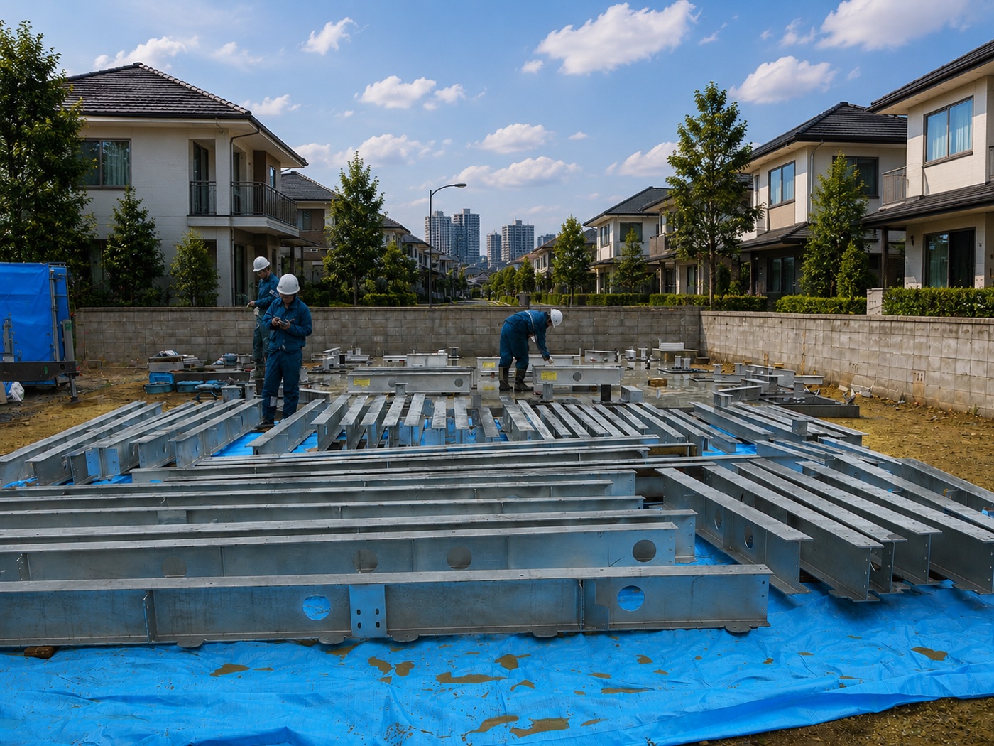 Persiapan rangka baja Rumah Menshin