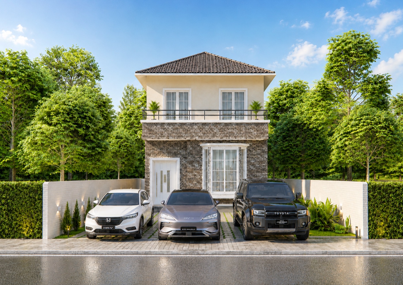 Fasad Rumah Menshin dengan area parkir